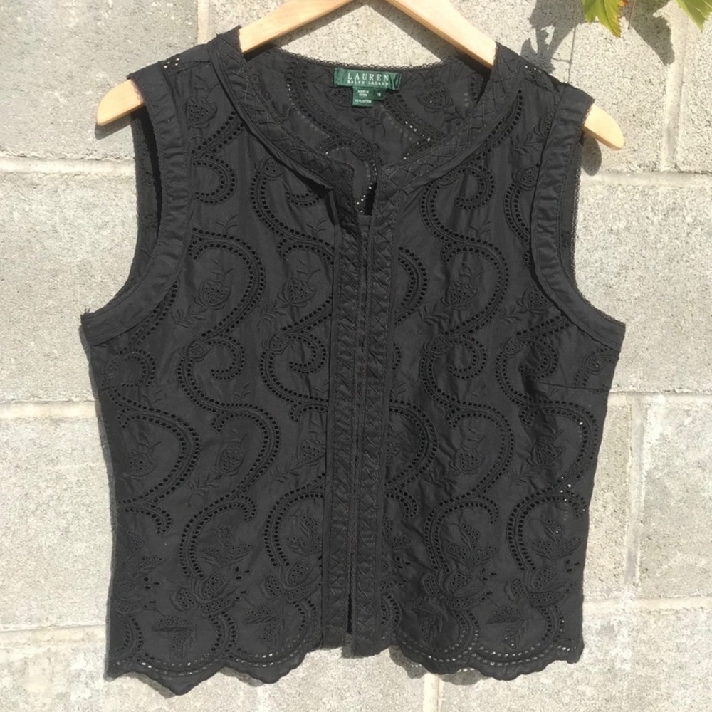 Ralph Lauren tangiers Eyelet Black Top Blouse